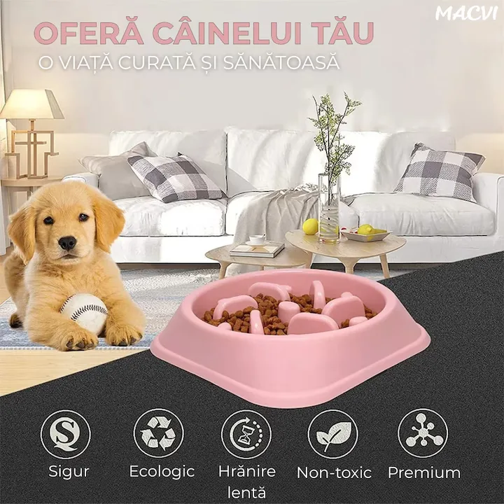 Alimentator Lent pentru Animale Macvi®, Bol Antiderapant Hranire Lenta pentru Caini si Pisici Design Interior AntiInghitire Material Sigur Usor de Curatat Rezistent, Roz - imagine 3