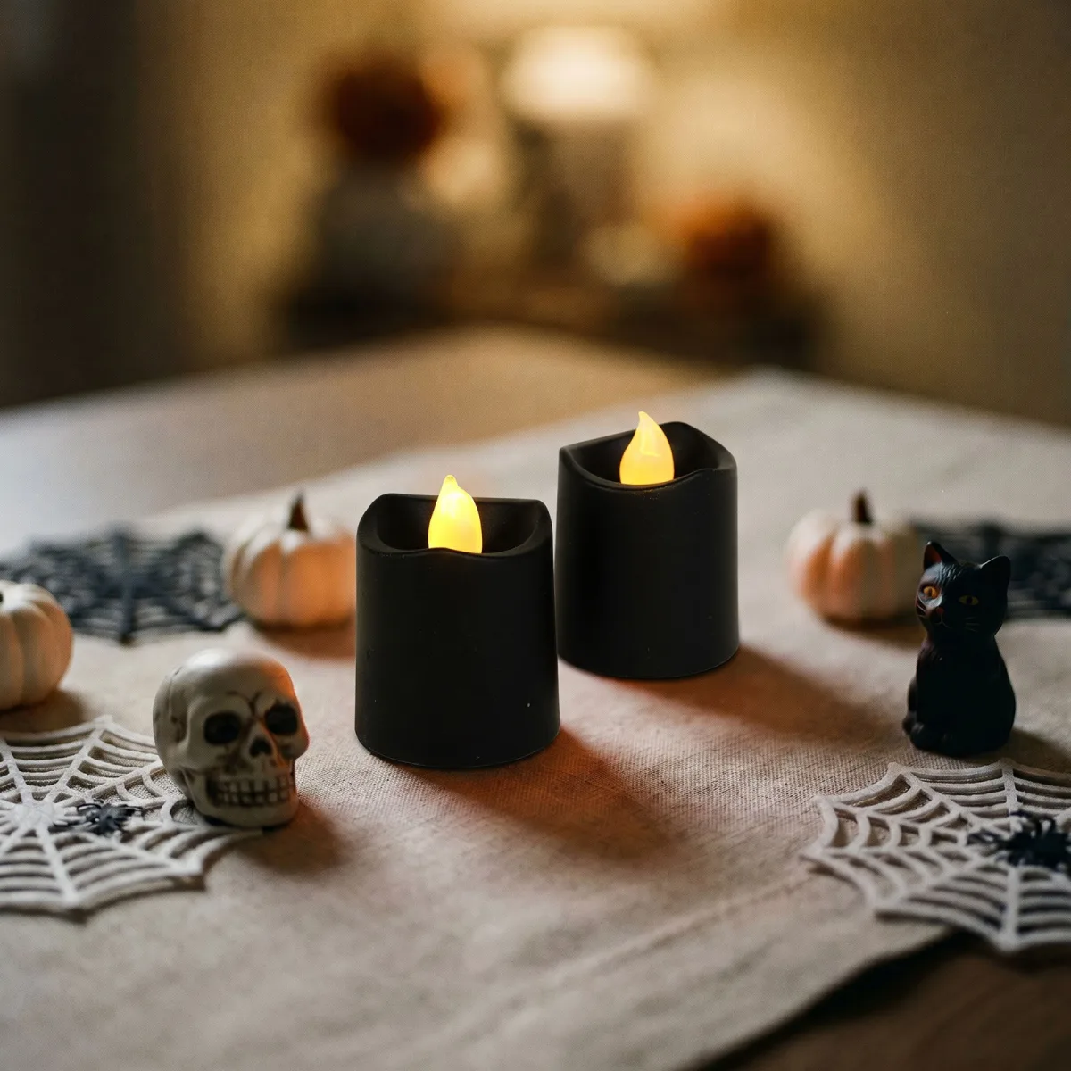 Set 2 lumanari LED decorative Halloween, lumina alb cald, baterii incluse, negru
