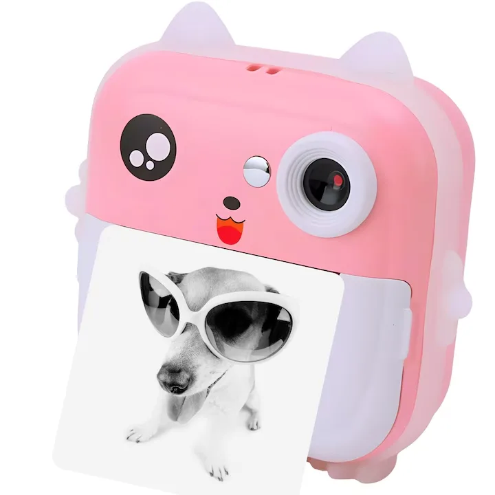 Aparat Foto Instant Copii Macvi®, Imprimare Termica, 48MP, Full HD, 3 Role, Roz, Jocuri Educative, Muzica, Card SD, Bluetooth
