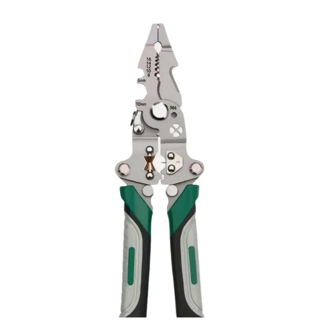 Patent multifunctional Macvi® 12-in-1 cu sertizor pentru cabluri cleste pliabil din otel pentru dezizolare, taiere si sertizare fire, design ergonomic pentru lucrari electrice
