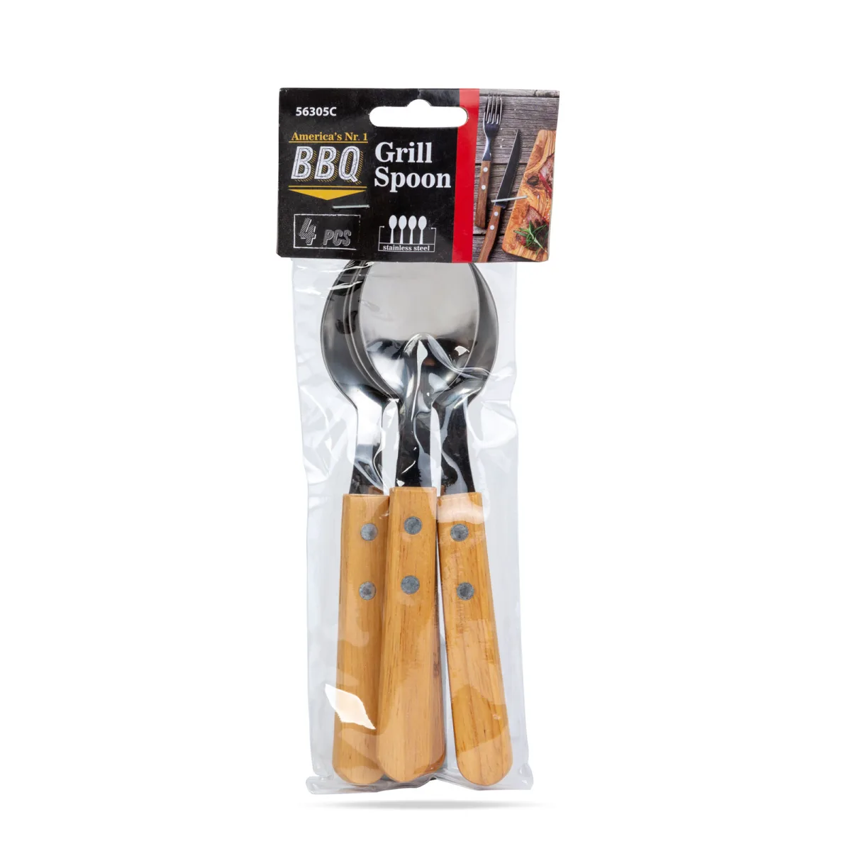 Lingura grill, set 4 buc, manere lemn, capete otel inoxidabil, 190x40x10 mm, gratar - imagine 2