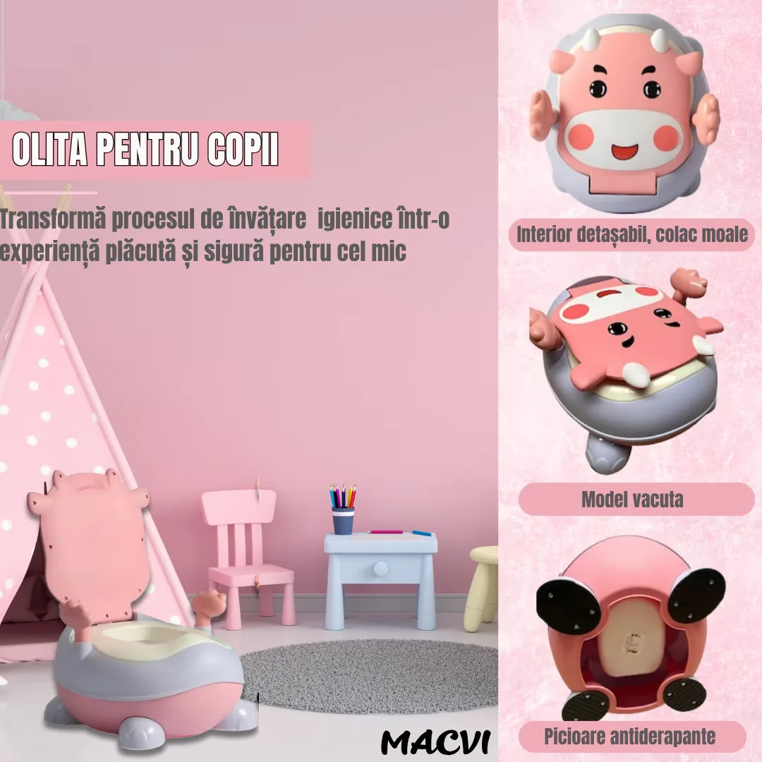 Olita pentru copii Macvi® cu manere, interior detasabil, colac moale, anti-stropire, spatar ergonomic, margini rotunjite, material non-toxic, roz - imagine 5