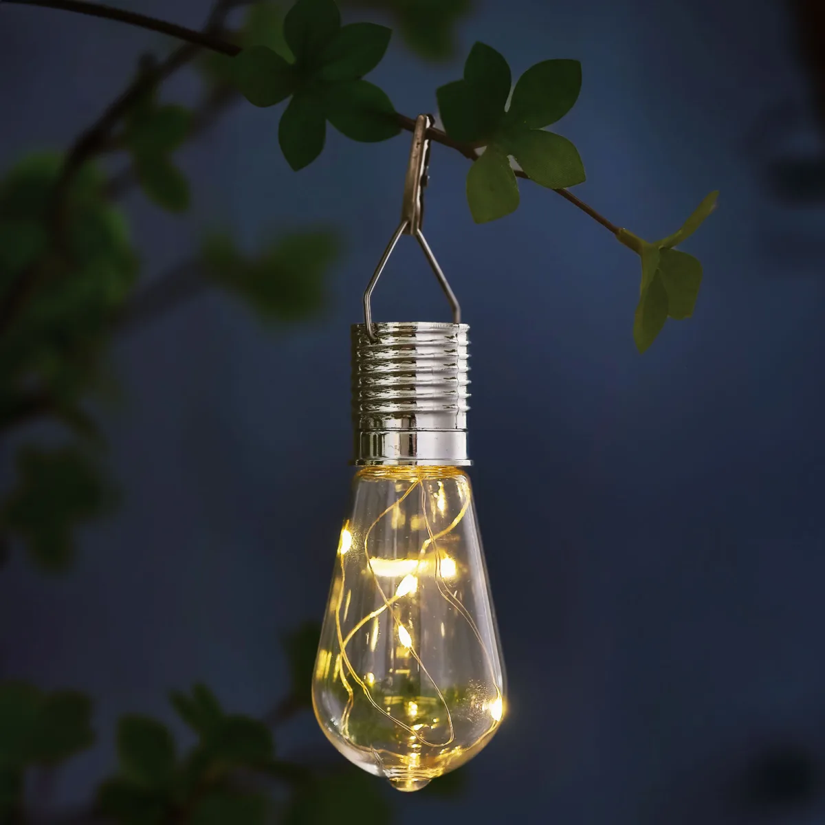 Lampa solara suspendabila tip bec, 4 LED alb cald, decor terasa/ balcon /gradina exterior