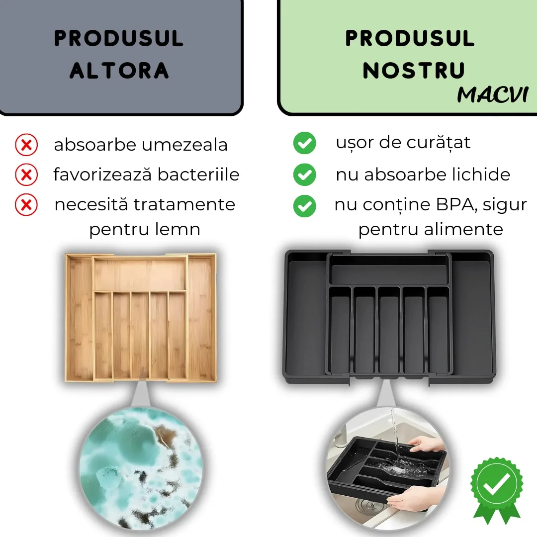 Organizator tacamuri sertar extensibil Macvi® 8 compartimente bloc pentru cutite detasabil negru - imagine 5