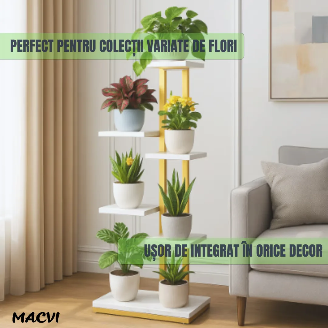 Suport ghivece flori si plante Macvi® cu 6 rafturi, design modern alb si maro, cadru metalic stabil, 113x60x20 cm, pentru interior si exterior - imagine 5