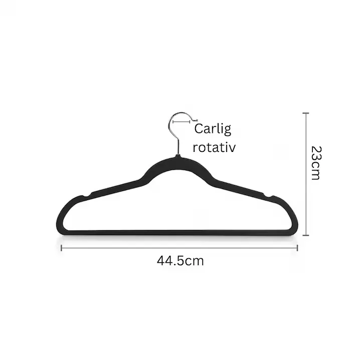 Set 16 umerase catifea Macvi®, antialunecare, 44.5 x 23 cm, carlig rotativ 360°, bara pantaloni, gri si negru - imagine 5