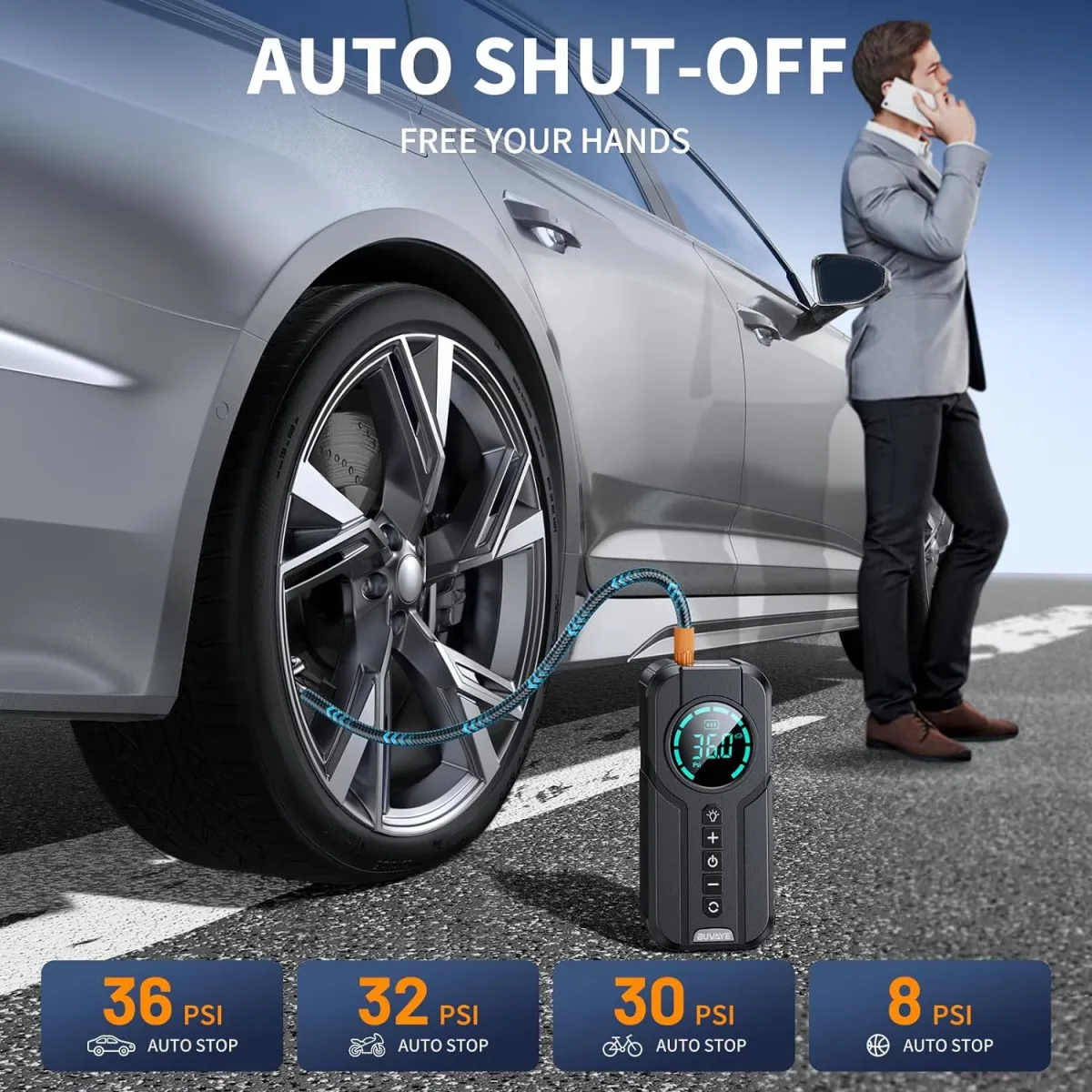 Compresor de aer auto Macvi® Smart, portabil si multifunctional, 6000mAh, 180PSI, lanterna LED SOS, baterie externa si accesorii complete - imagine 3