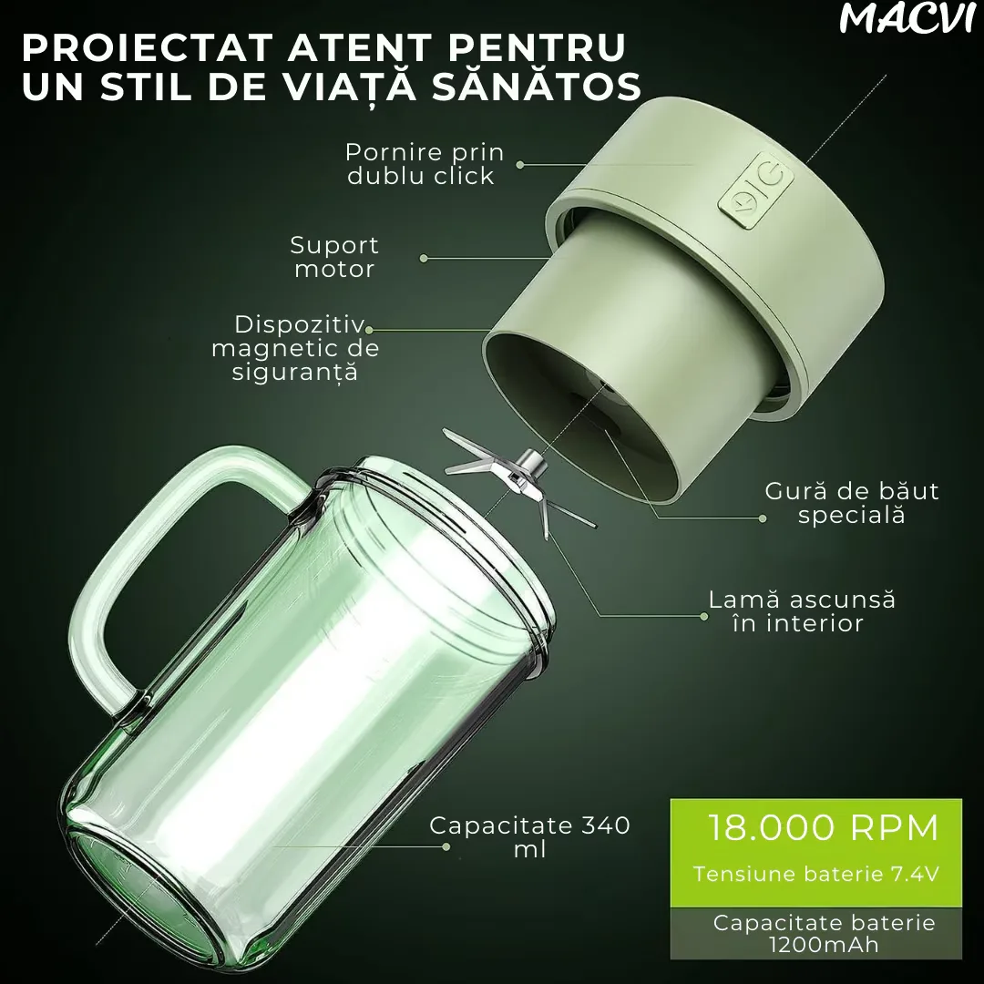 Storcator De Citrice Macvi® Portabil din Plastic cu Acumulator, Blender Reincarcabil USB, 6 Lame din Otel Inoxidabil, BPA Free, Anti-scurgere, Capac cu Pai, Capacitate 420 ml, Smoothie-uri si Sucuri - imagine 2