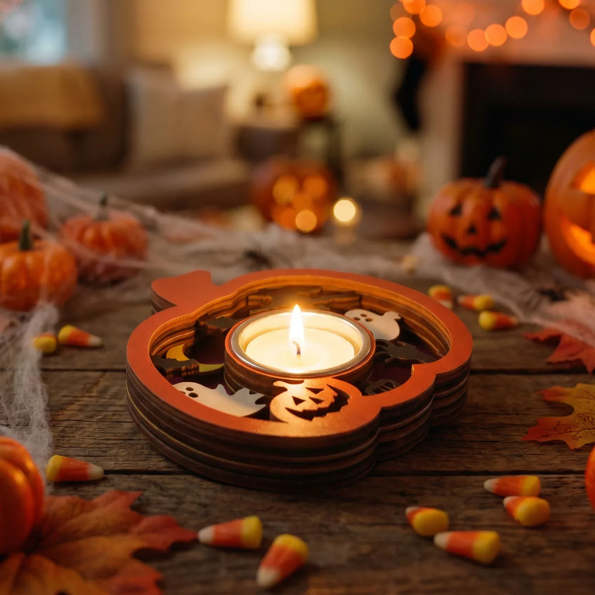 Suport lumanare Halloween, forma dovleac, MDF si metal, 11 x 11 x 1,8 cm, portocaliu