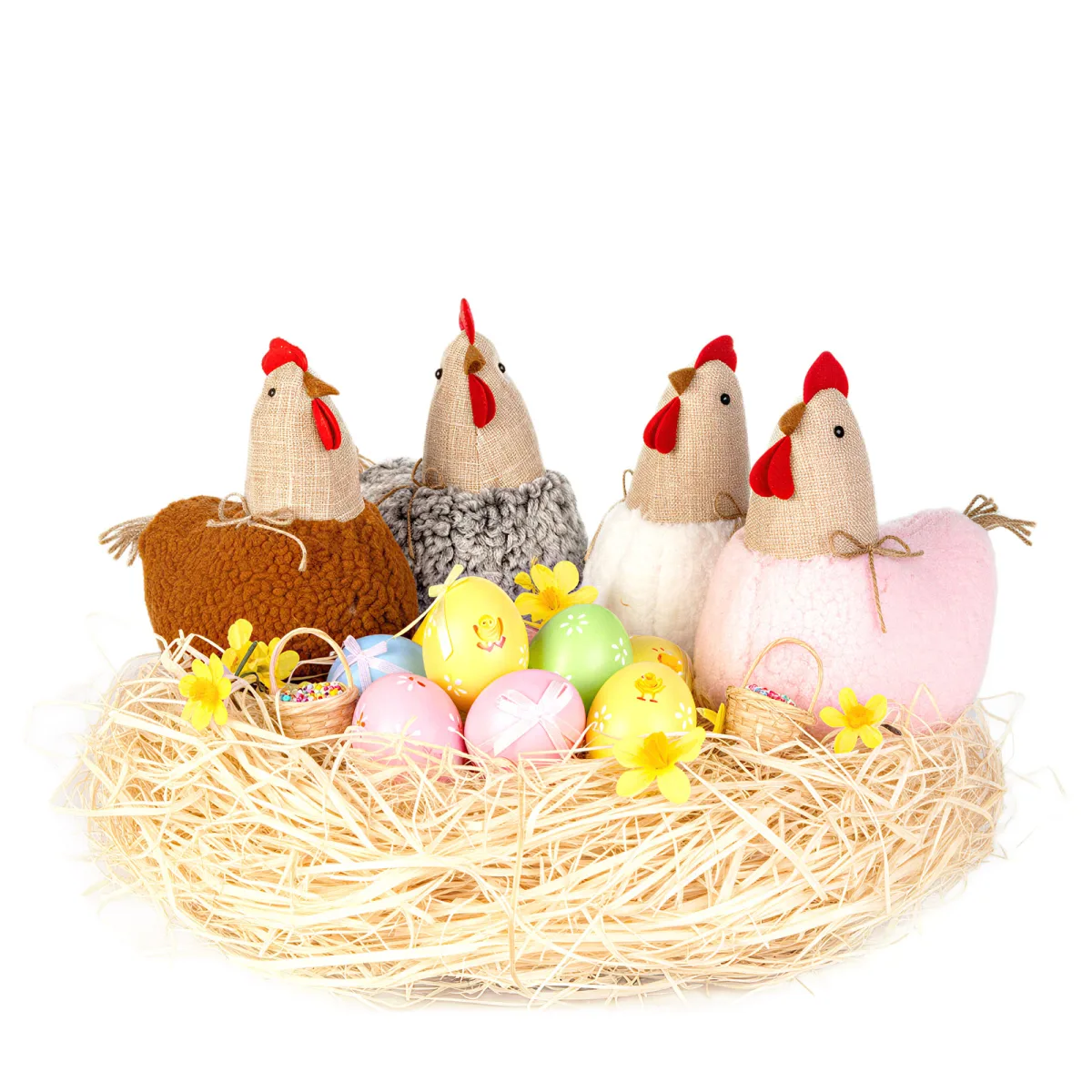Decoratiune gaina Paste, 21 cm, figurina textila, decor casa rustic, 4 modele, culori naturale - imagine 2