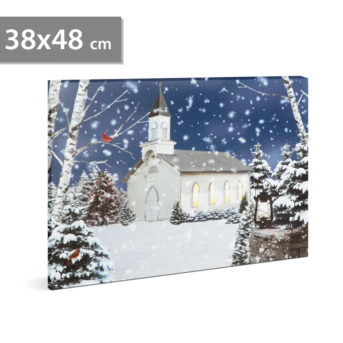 Tablou LED Craciun peisaj iarna 48 x 38 cm, decor perete cu lumina alb cald, baterii 2 x AA