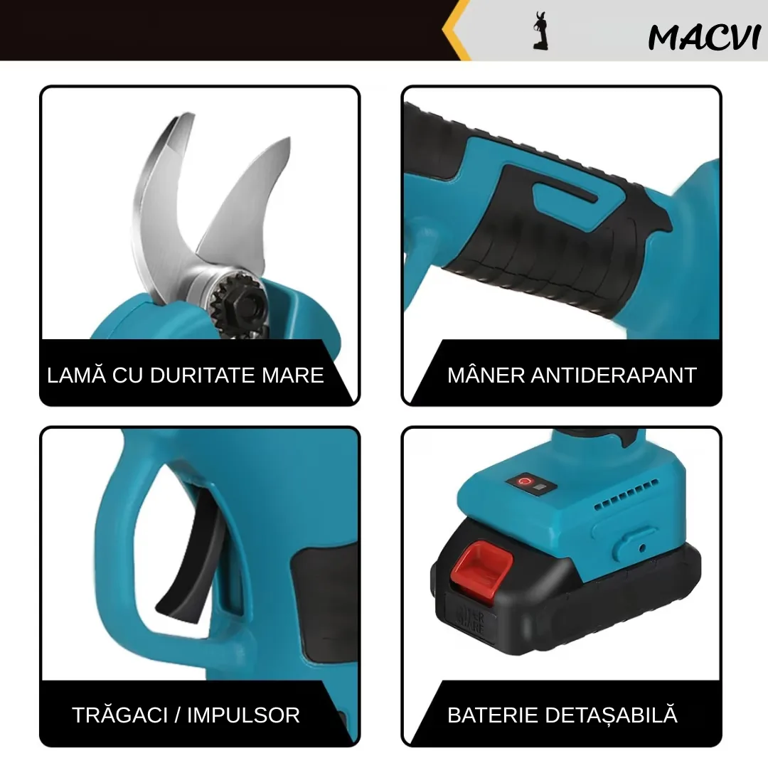Foarfeca Electrica pentru Gradinarit Macvi® 48V, 2 Baterii, 2 Lame din Otel Carbon ,ideala pentru Vita de Vie si Crengi, Albastru - imagine 3
