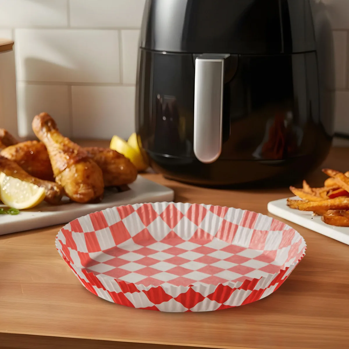 Hartie de copt air fryer rotunda 20 cm, 50 buc, antiaderenta, rezistenta 220°C, model carouri