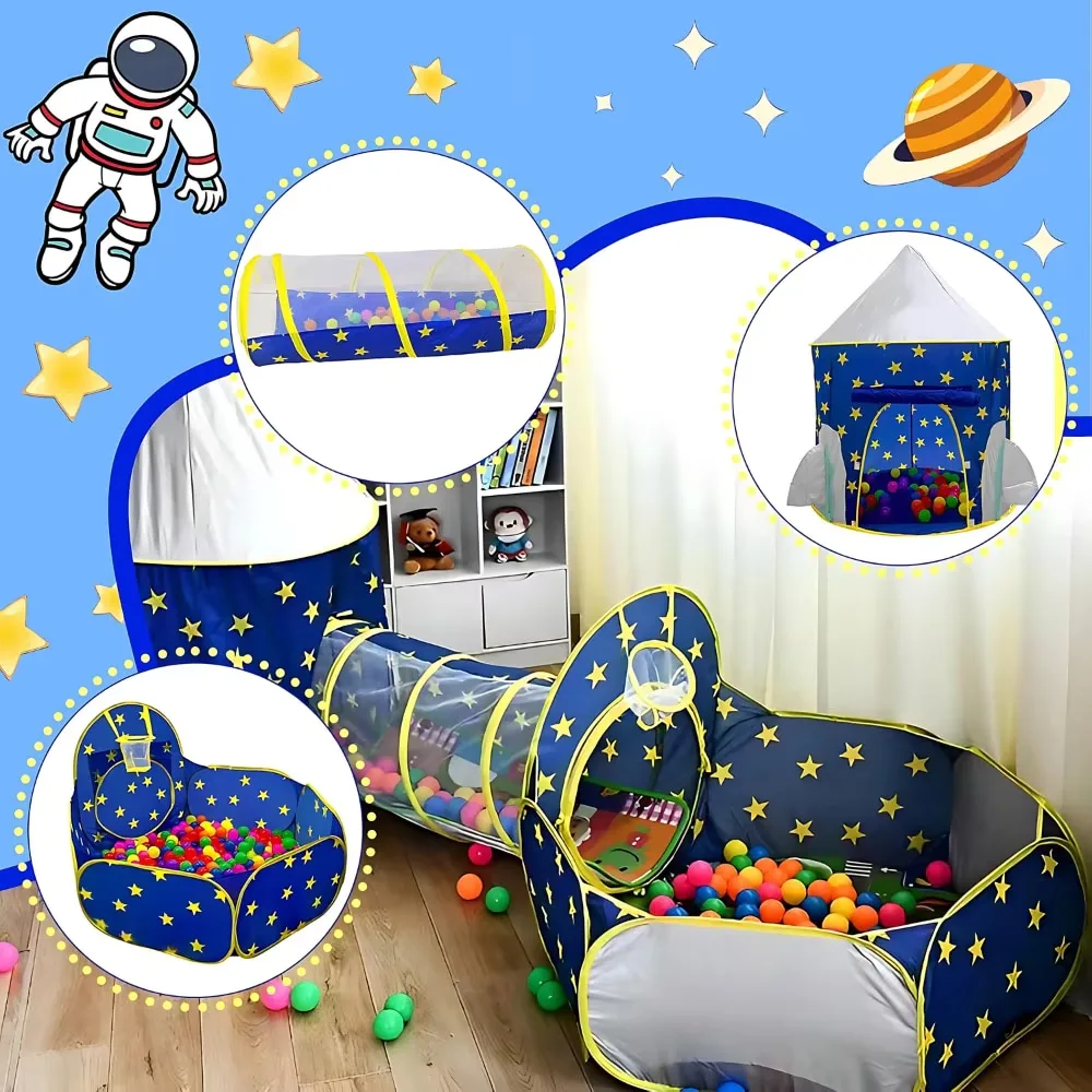 Cort Joaca 3 in 1 Macvi® cu Tunel si Castel Pliabil pentru Copii 3-7 Ani Interior Exterior Albastru Cosmic - imagine 2