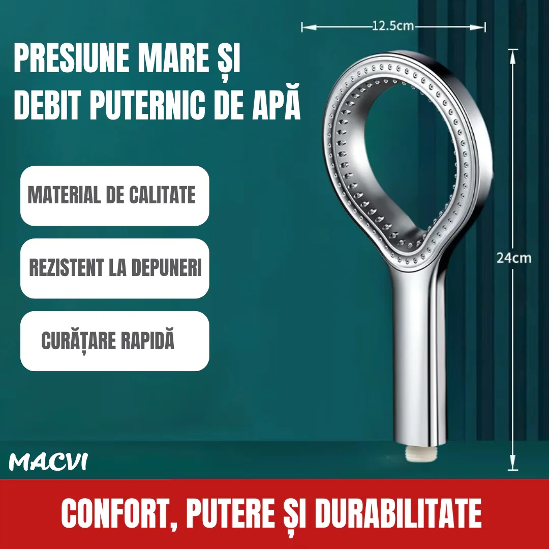 Cap de dus Macvi® cu jet reglabil, flexibilitate versatila, moduri multiple de pulverizare, finisaj argintiu - imagine 3
