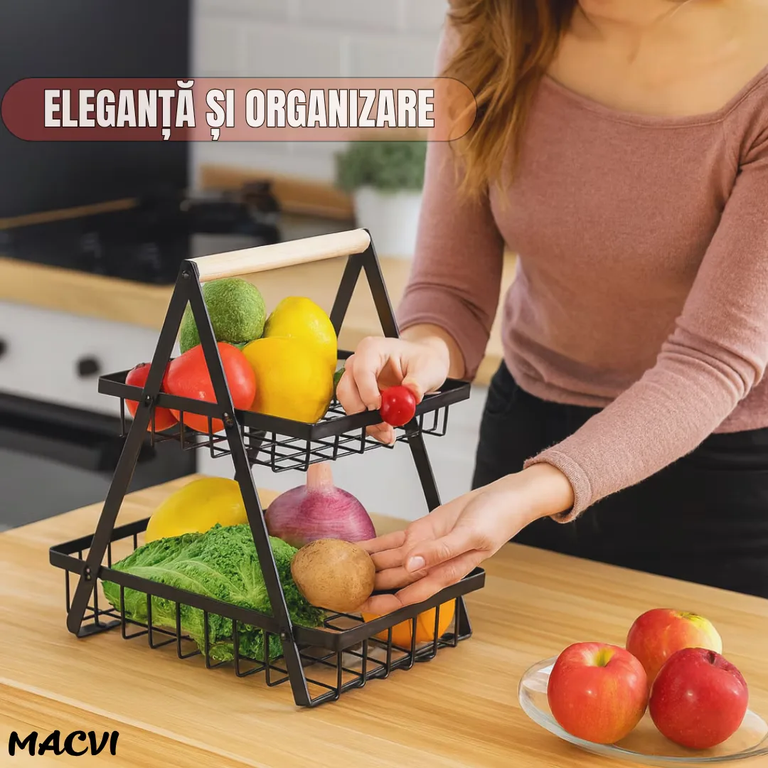 Cos de fructe decorativ Macvi®, 2 etaje, metal negru cu maner din lemn, stabil si elegant, ideal pentru depozitarea fructelor si legumelor - imagine 3