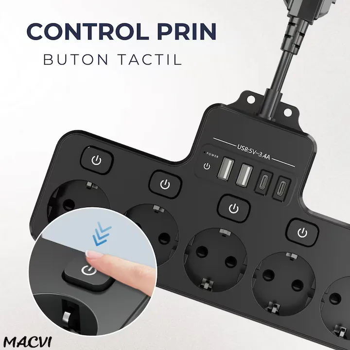 Multipriza Macvi cu 4 prize Schuko, 4 porturi USB, control individual, 4000W, extensie electrica pentru birou si acasa - imagine 2