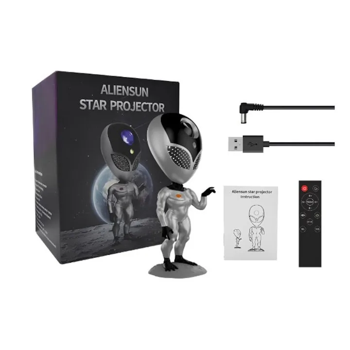 Proiector de Stele Macvi® Tip Alien, Galaxie Stelara, LED cu Telecomanda si Sistem Dialog Vocal, Argintiu