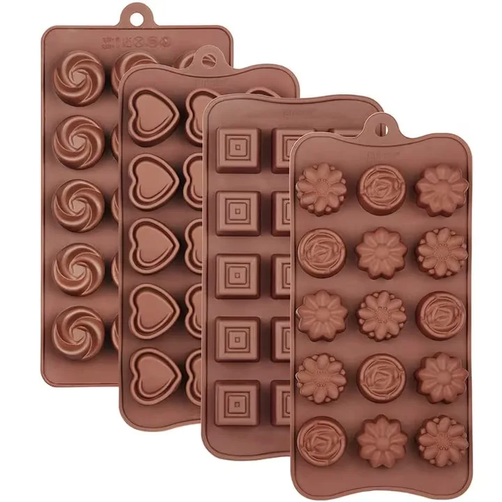 Set 4 Forme Ciocolata Silicon Macvi®, Antiaderente, Flexibile, BPA Free, Pentru Bomboane, Pralitine, Gheata, Maro