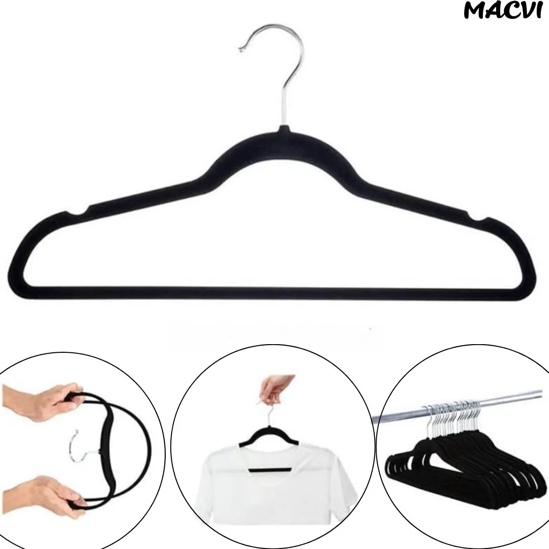 Set 16 Umerase Macvi® Catifea Antialunecare, Slim, cu Bara pentru Pantaloni si Scobituri, Carlig 360°, 44.5x23 cm, Gri/Negru - imagine 4