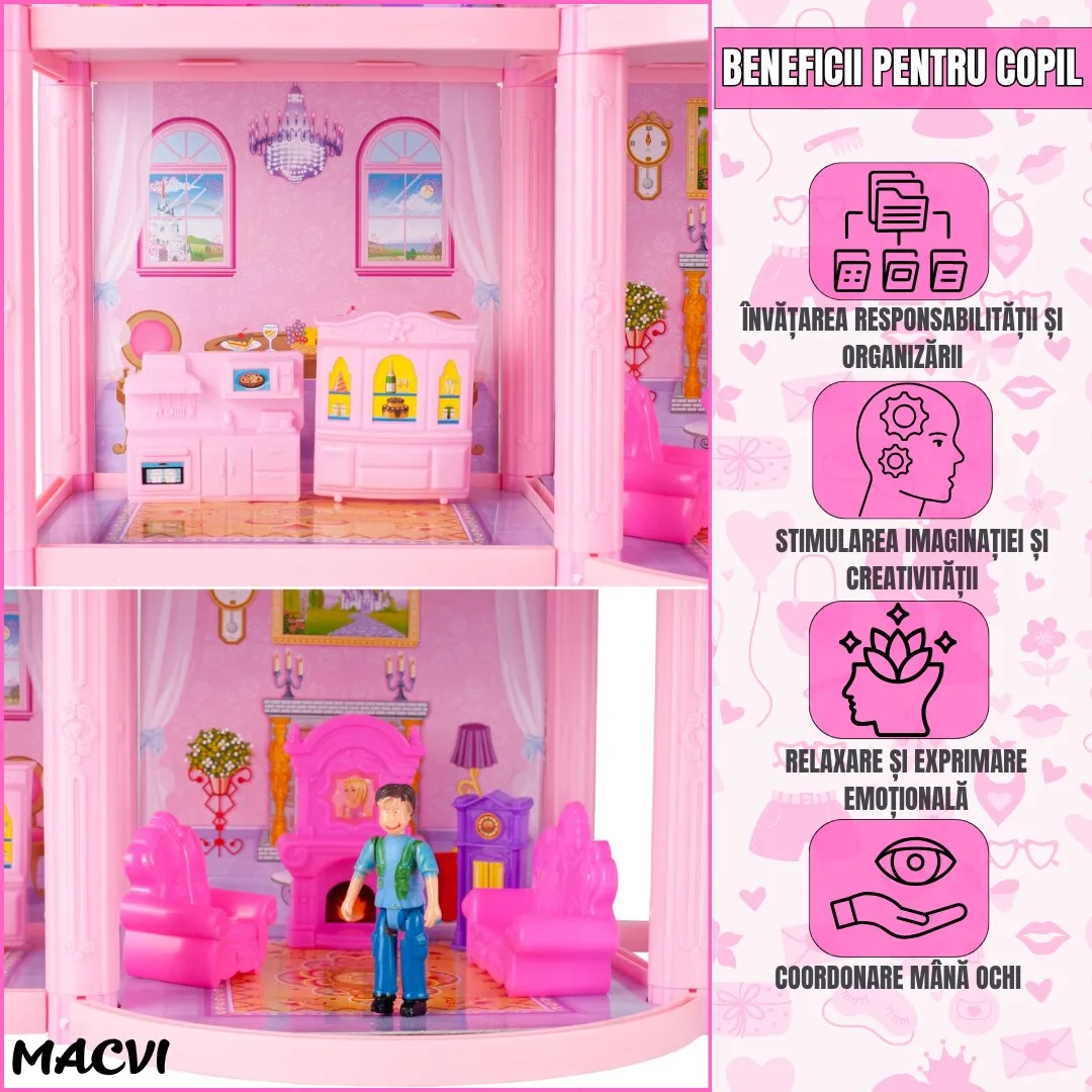 Casuta pentru papusi Macvi® Lovely House, 2 etaje, 5 camere, garaj cu masina, 2 figurine incluse, set 112 piese - imagine 3
