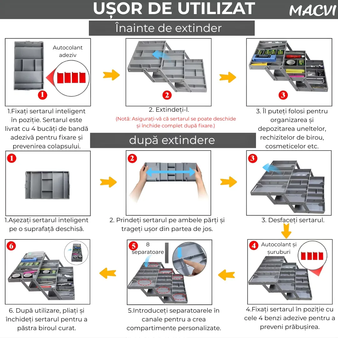 Macvi® Organizator Sertar Extensibil pe 3 nivele pentru Bijuterii si Cosmetice, 24, 13 x 19, 05 x 6, 99 cm, Negru, Sistem Reglabil cu Compartimente - imagine 2