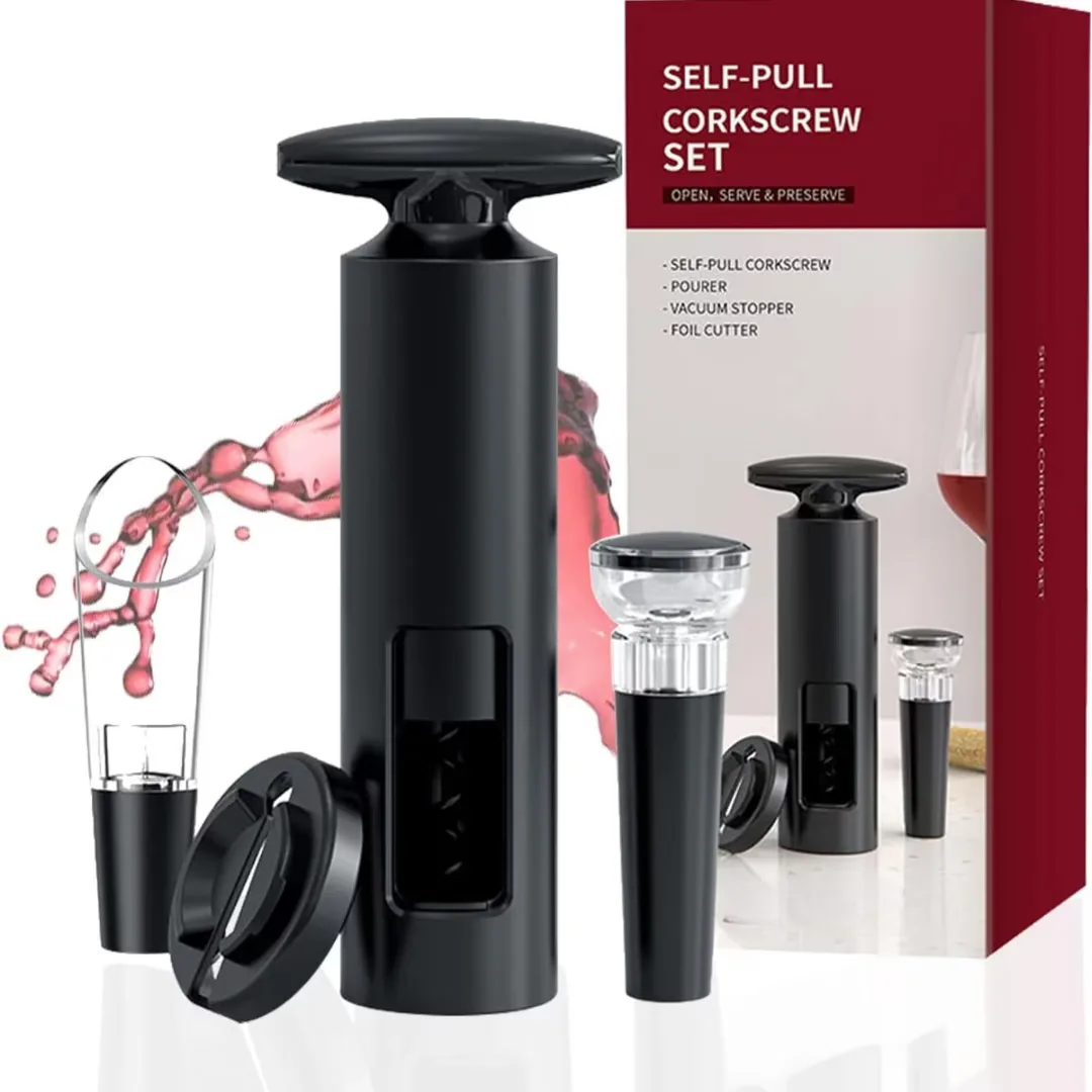 Set deschizator Macvi® 2-in-1 pentru vin, tirbuson profesional cu taietor folie, dop vacuum si aerator, design ergonomic, argintiu