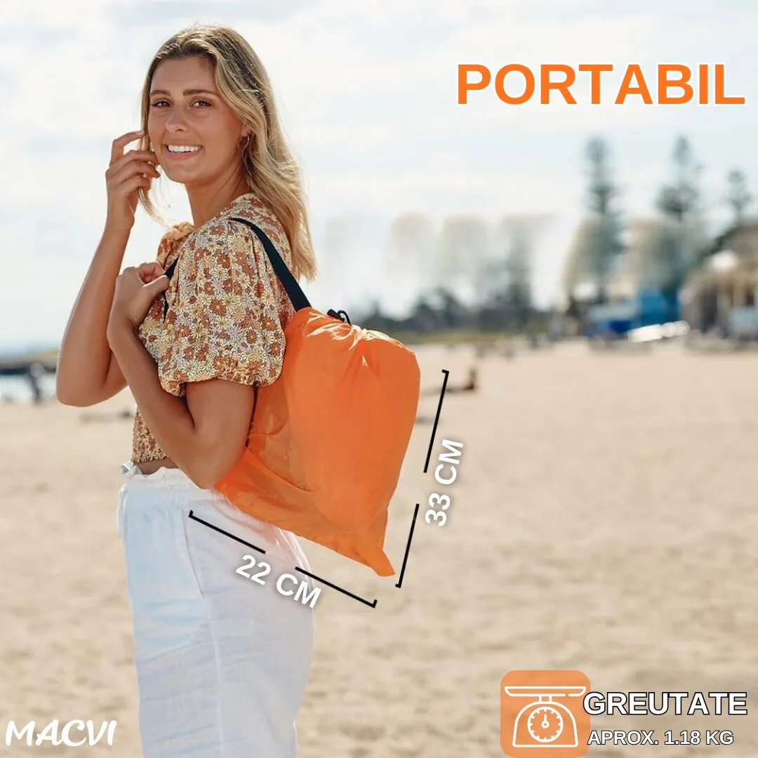 Saltea gonflabila tip sezlong Lazybag Macvi®, material rezistent, umflare fara pompa, pentru plaja/picnic/camping, rucsac de depozitare, 190 x 70 cm,Portocaliu - imagine 3