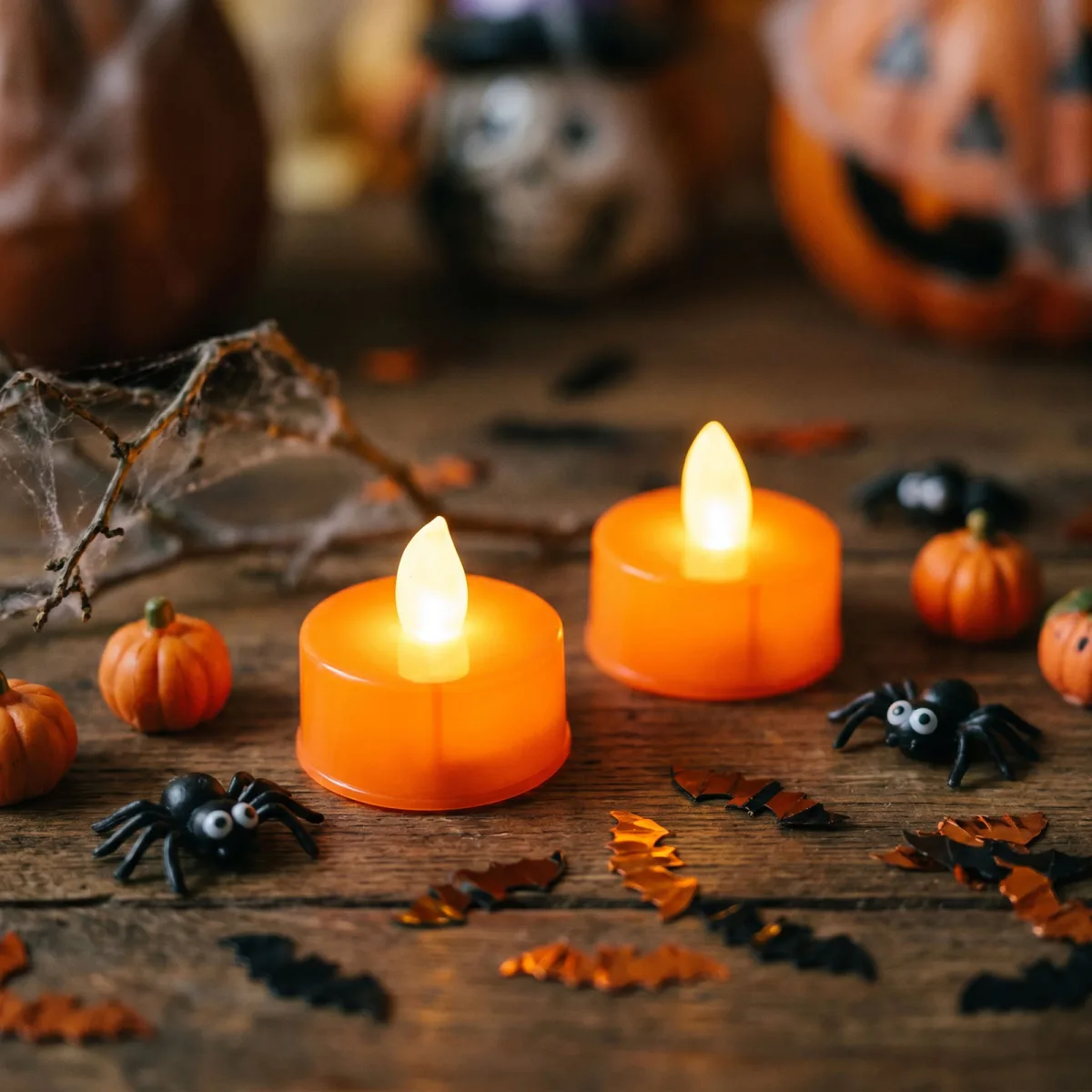Set 2 lumanari LED tip pastila Halloween, lumina alb cald, baterii incluse, portocaliu