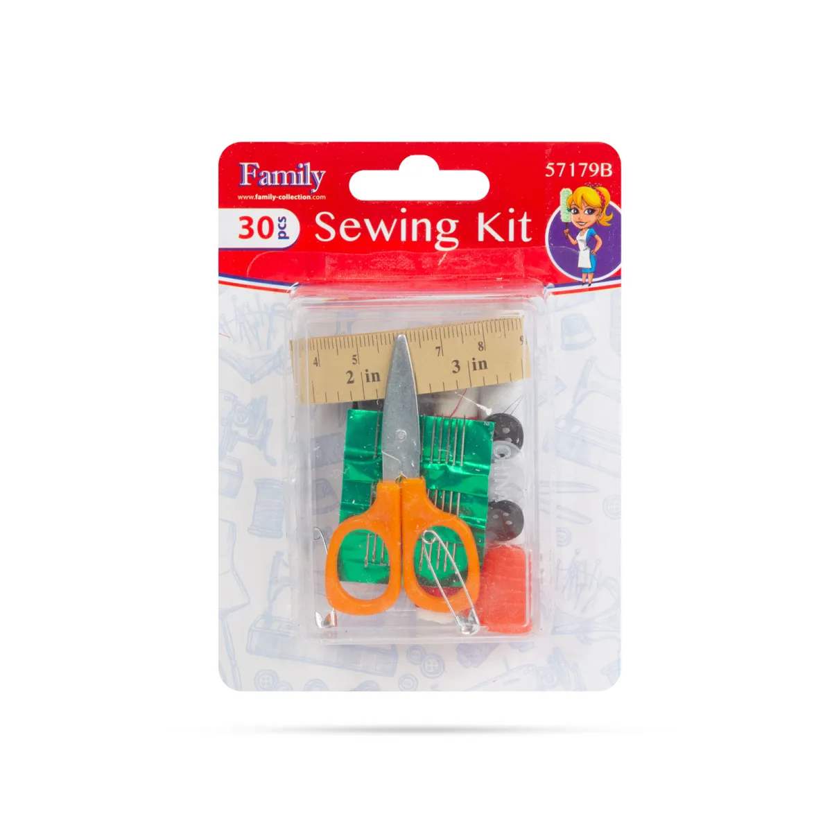 Set cusut 30 piese, portabil, ata, ace, foarfece, metru, kit croitorie compact, cutie plastic