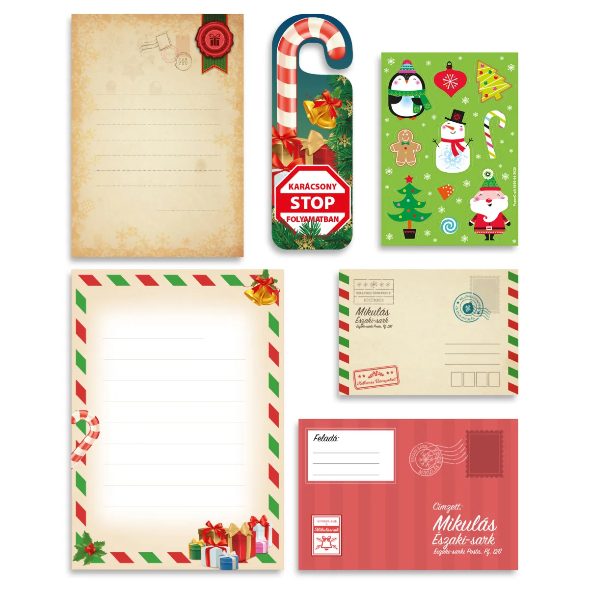 Set scrisoare Mos Craciun, 12 piese, hartie, plic si stickere
