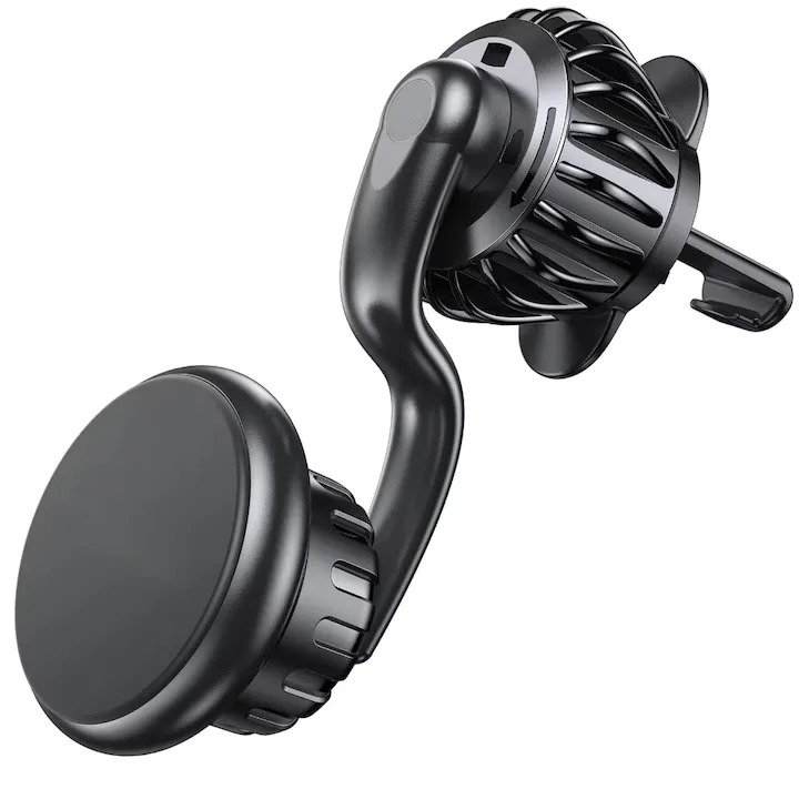 Suport auto magnetic Macvi®, rotire 360°, prindere ventilatie, magneti N52, compatibil telefon, tableta, ABS premium, aluminiu, negru 6.5x4.9x3.6 cm