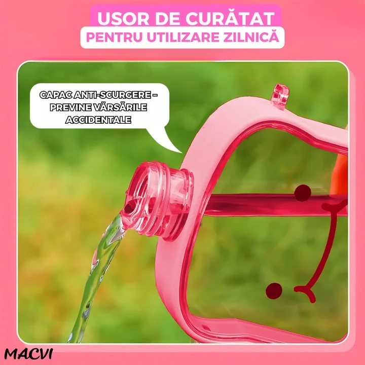 Sticla de Apa pentru Copii Macvi® Forma Toast, 380 ml, Fara BPA, Anti-Scurgere, Capac Etans, Curea Reglabila de Transport, Usor de Curatat, Roz - imagine 5