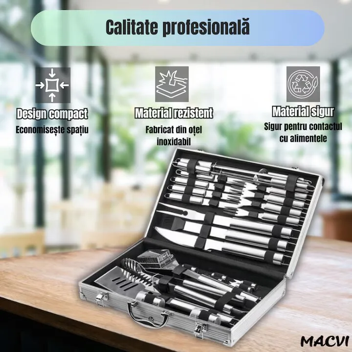 Set 10 ustensile pentru gratar Macvi® din otel inoxidabil premium, geanta transport aluminiu captusita, accesorii pentru un gratar reusit - imagine 2