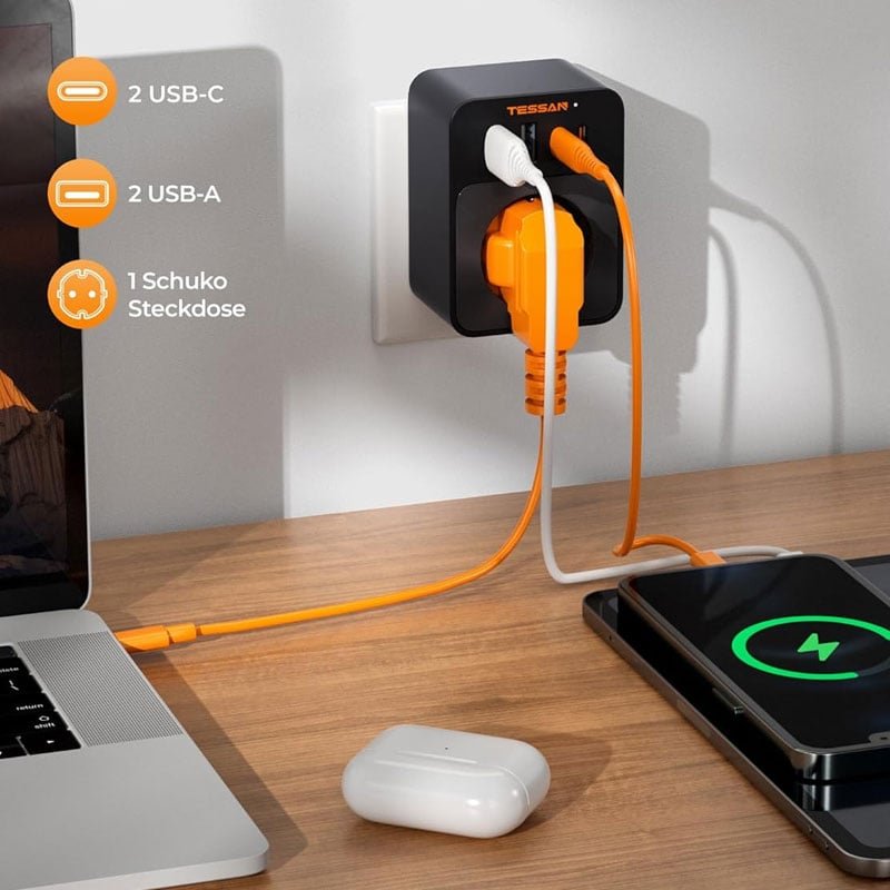 adaptor tessan ts-fw01de00, 2xusb-c, 2xusb a, 30 w, 16a 2 Adaptor Tessan TS-FW01DE00, 2XUSB-C, 2XUSB A, 30 W, 16A - imagine 2