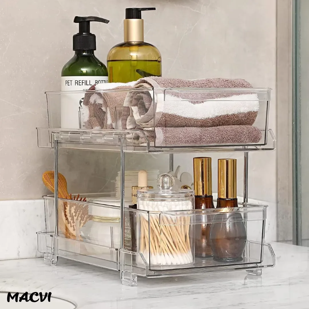 Organizator frigider Macvi® slide-out 2 nivele, transparent, sertare glisante, separatoare detasabile, 33x23x19 cm - imagine 5