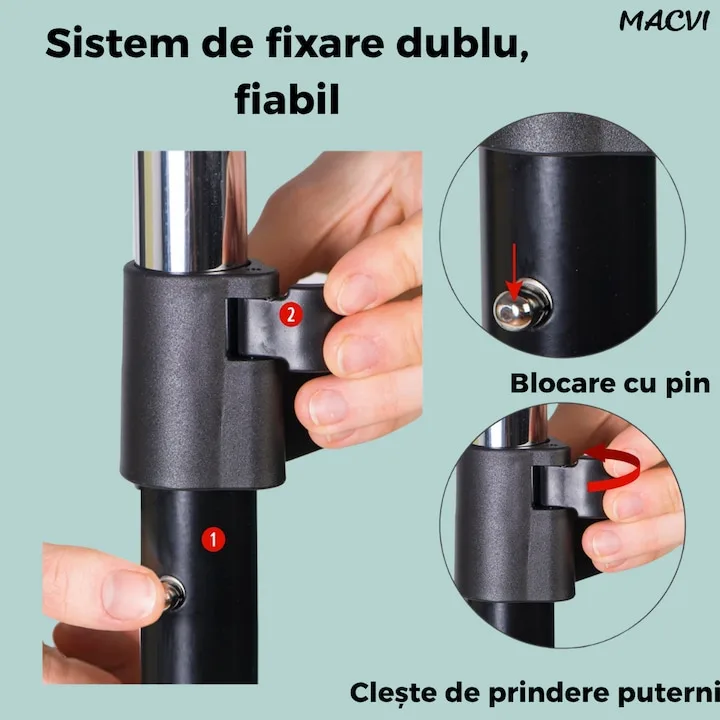 Suport Haine Macvi® Dublu cu Inaltime Reglabila, Bara Metalica si Roti Pivotante Cuier Mobil pentru Uscare si Organizare, Ideal pentru Haine si Incaltaminte - imagine 4