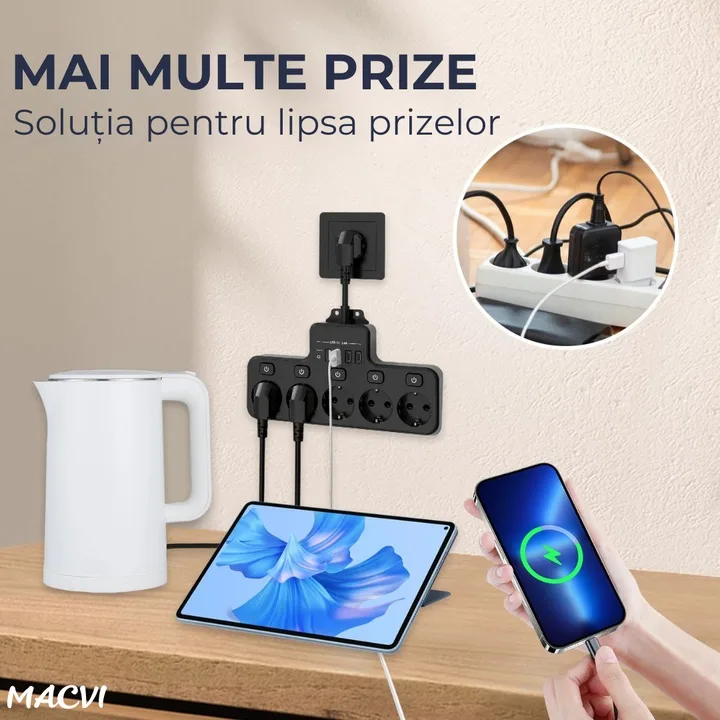 Multipriza Macvi cu 4 prize Schuko, 4 porturi USB, control individual, 4000W, extensie electrica pentru birou si acasa - imagine 4