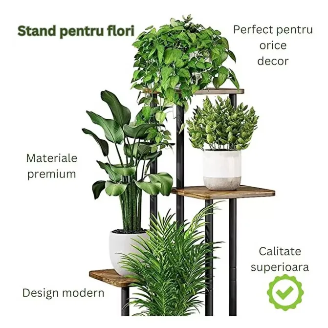 Stand Flori Macvi® Vertical 4 Etajere Metal si Lemn 106.3 cm Suport Ghivece Balcon Terasa - imagine 2