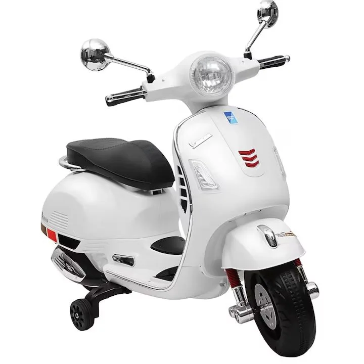 Scuter electric Macvi® pentru copii 3-8 ani, design realist Vespa, cu 2 baterii reincarcabile 6V, lumini functionale, roti ajutatoare, sistem audio si oglinzi, pana la 6 km/h, Alb