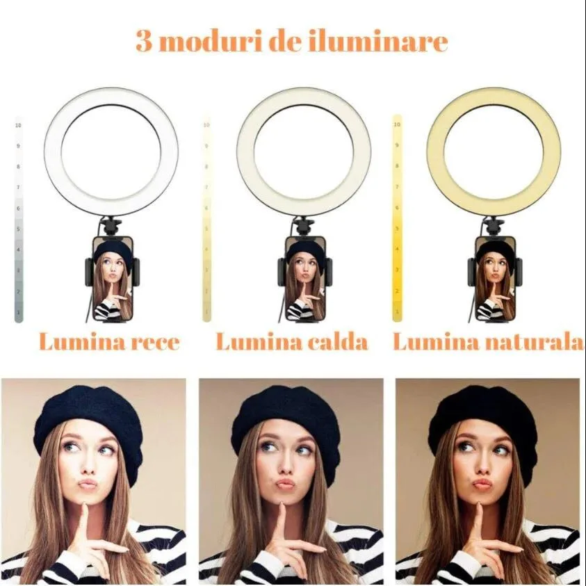 Lampa Circulara Profesionala LED Macvi®, Diametru 35 cm (14 inch), Conectare USB, 3 Moduri de Lumina - imagine 2