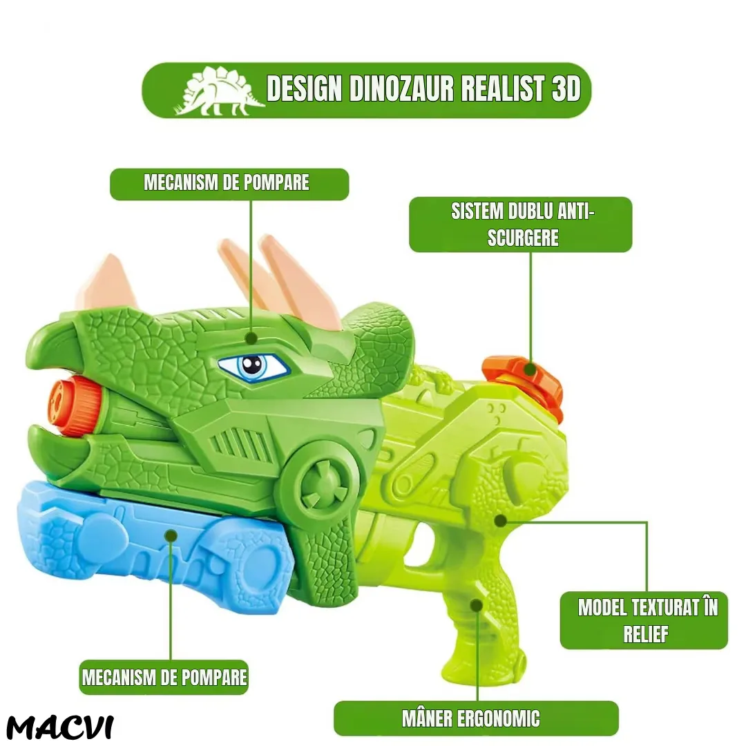 Pistol cu apa Macvi® dinozaur, rezervor 1330 ml, 35 cm, 3 duze, raza actiune 8 m, PVC rezistent, durabil, +6 ani, verde moss - imagine 3