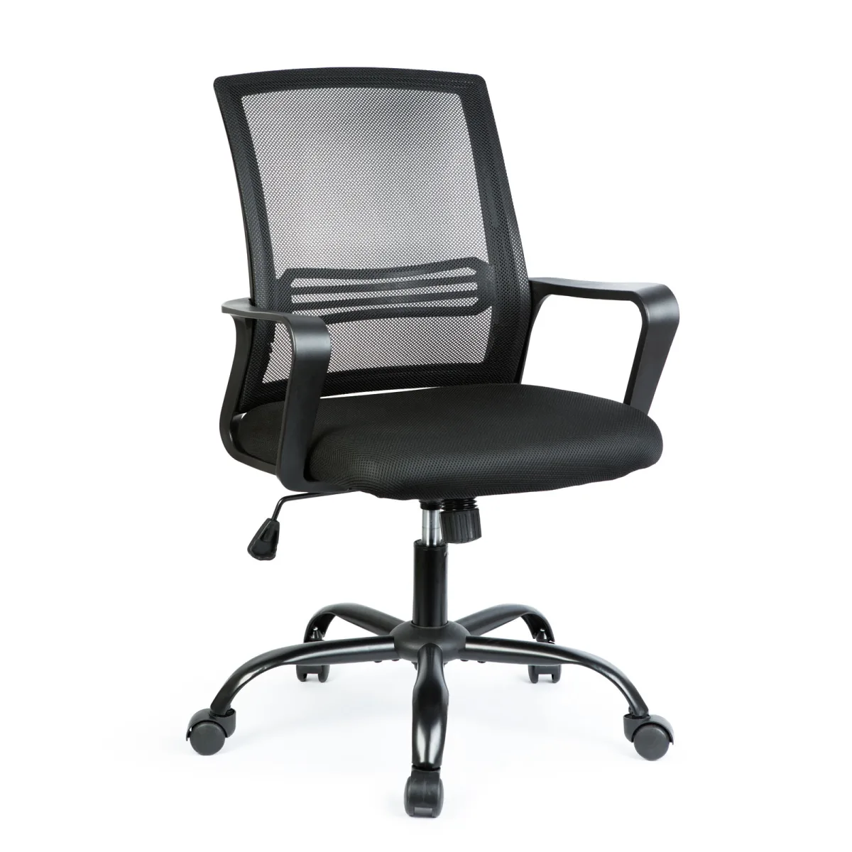 Scaun birou ergonomic reglabil, rotativ, cu cotiere fixe, negru, suport 150 kg
