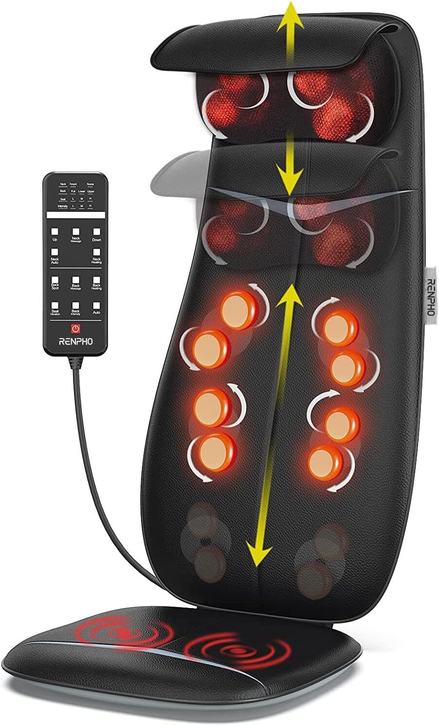 Aparat de masaj spatetip husa scaun, Renpho BM076, incalzire, reglare inaltime, pentru spate, umeri, gat, masaj Shiatsu 3D pentru tesuturi adanci