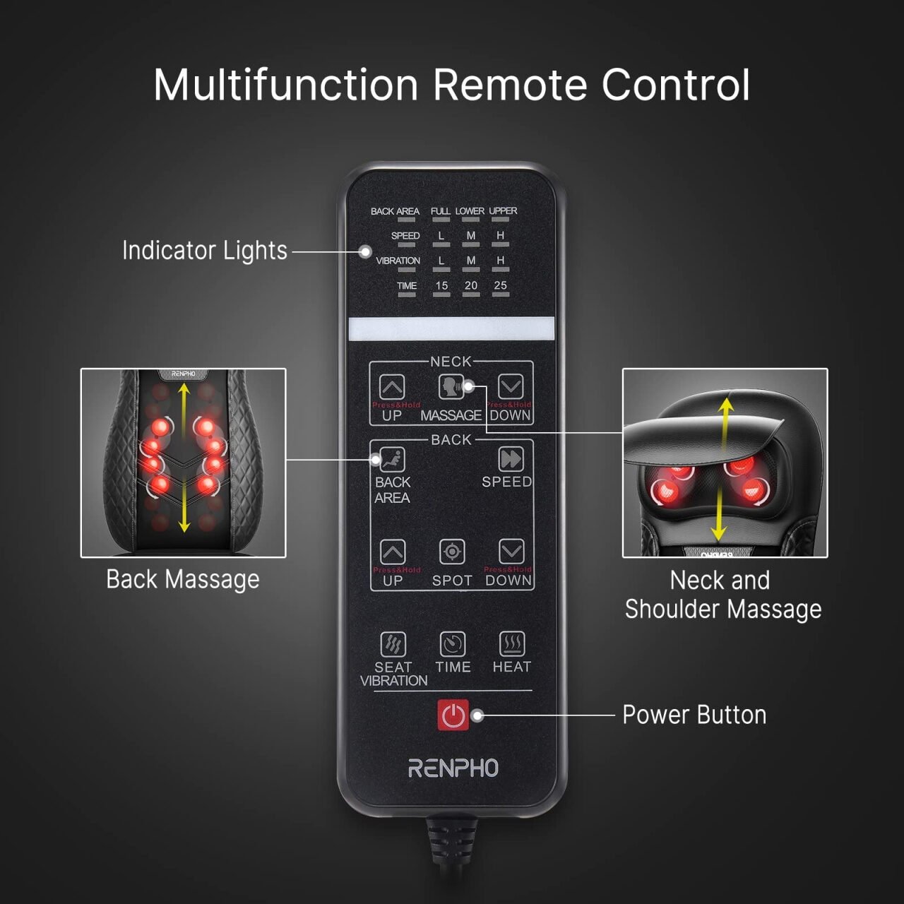 aparat de masaj spatetip husa scaun, renpho bm076, incalzire, reglare inaltime, pentru spate, umeri, gat, masaj shiatsu 3d pentru tesuturi adanci 5 Aparat de masaj spatetip husa scaun, Renpho BM076, incalzire, reglare inaltime, pentru spate, umeri, gat, masaj Shiatsu 3D pentru tesuturi adanci - imagine 5