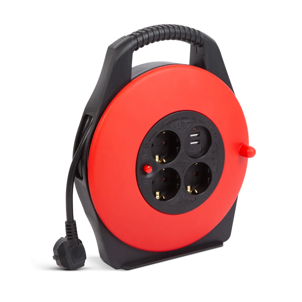Tambur cablu 10m, 3 prize Schuko, 2x USB, protectie termica, 16A, IP20