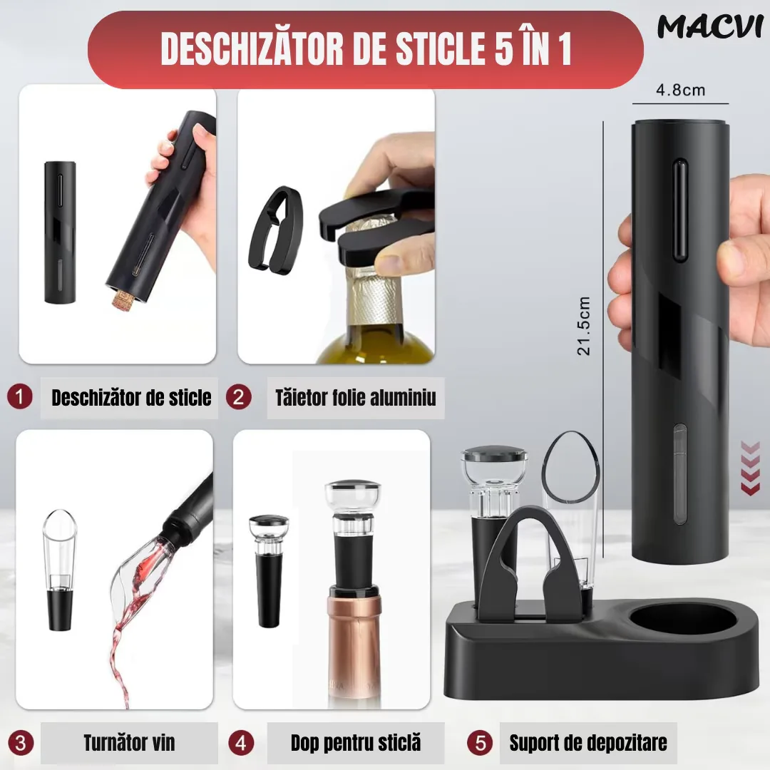 Set Electric Macvi® Deschizator de Vin 5-in-1, Cu Incarcare USB, Foil Cutter, Aerator, Dop Vacuum, Negru, Design Elegant si Portabil - imagine 4