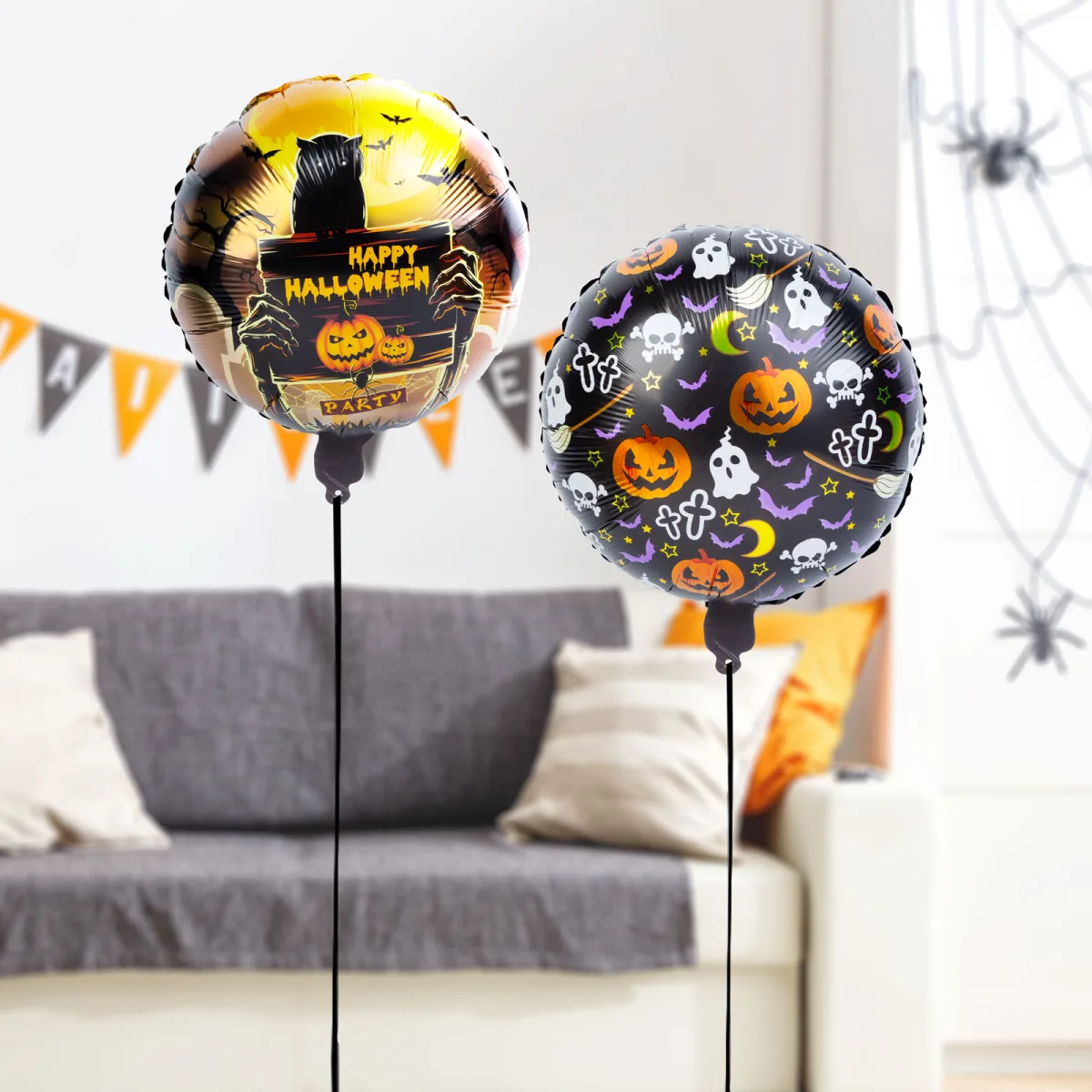 Set baloane Halloween folie dovleac si piatra funerara, 2 buc, 45 cm, umplere aer sau heliu