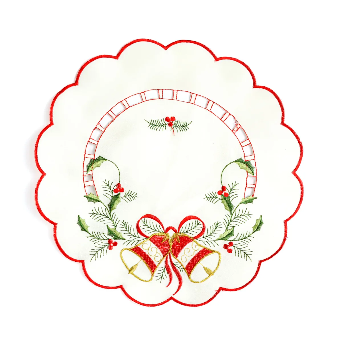 Fata de masa rotunda Craciun, 29 cm brodata, model clopot/lumanare/glob vasc - imagine 5