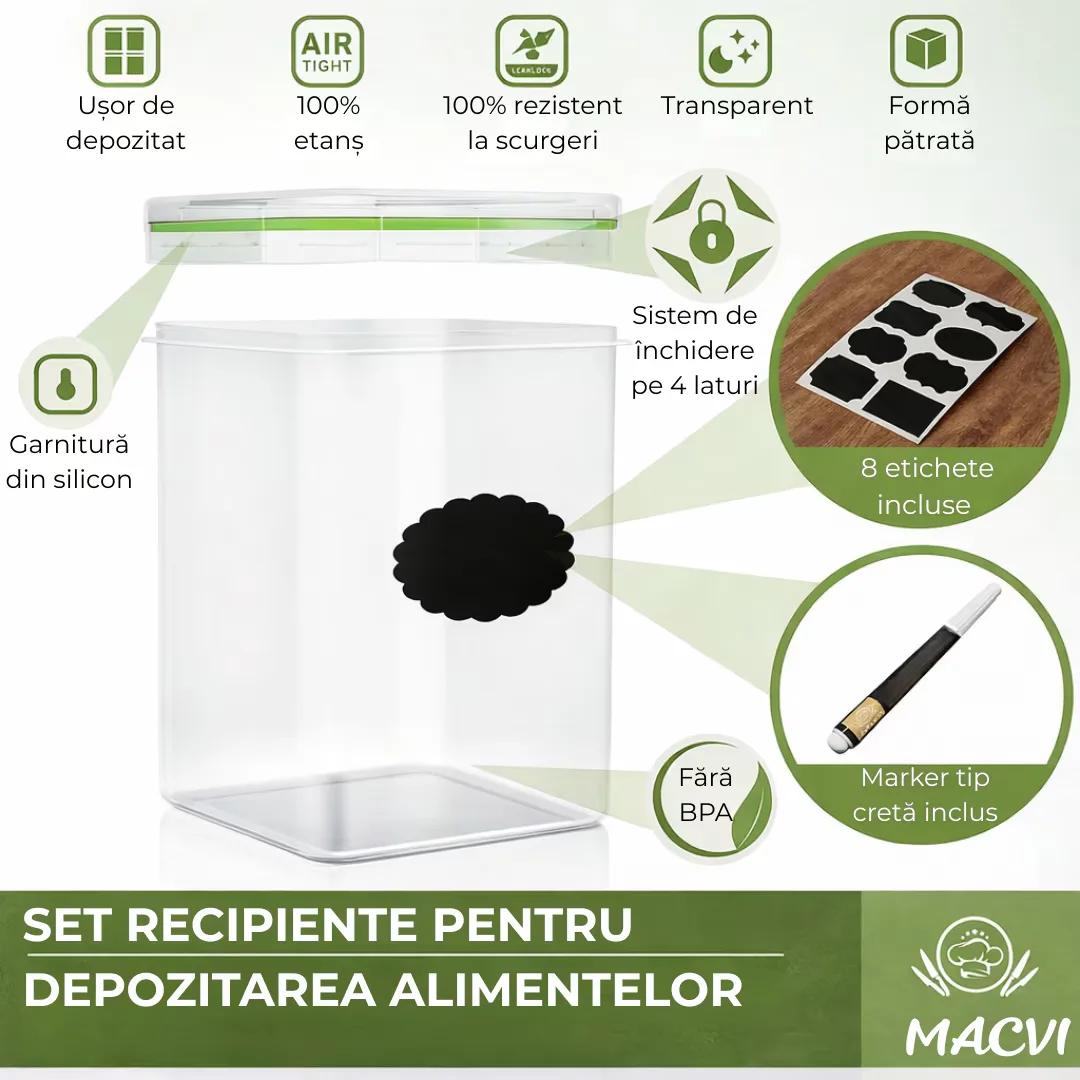 Set 28 organizatoare/recipiente Macvi® pentru depozitare alimentara, etanse, design minimalist, fara BPA, stocabile, cu etichete si lingurite incluse - imagine 2